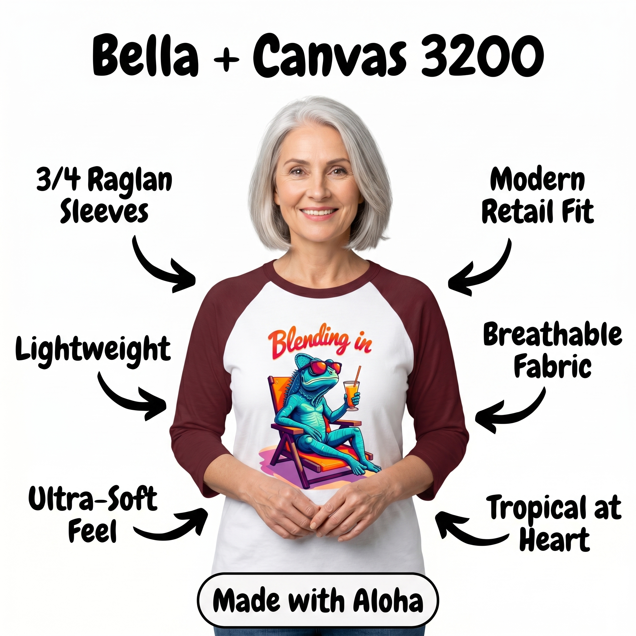 P-ALO Bella + Canvas 3200 spec image on a woman model, garment matched to the real product