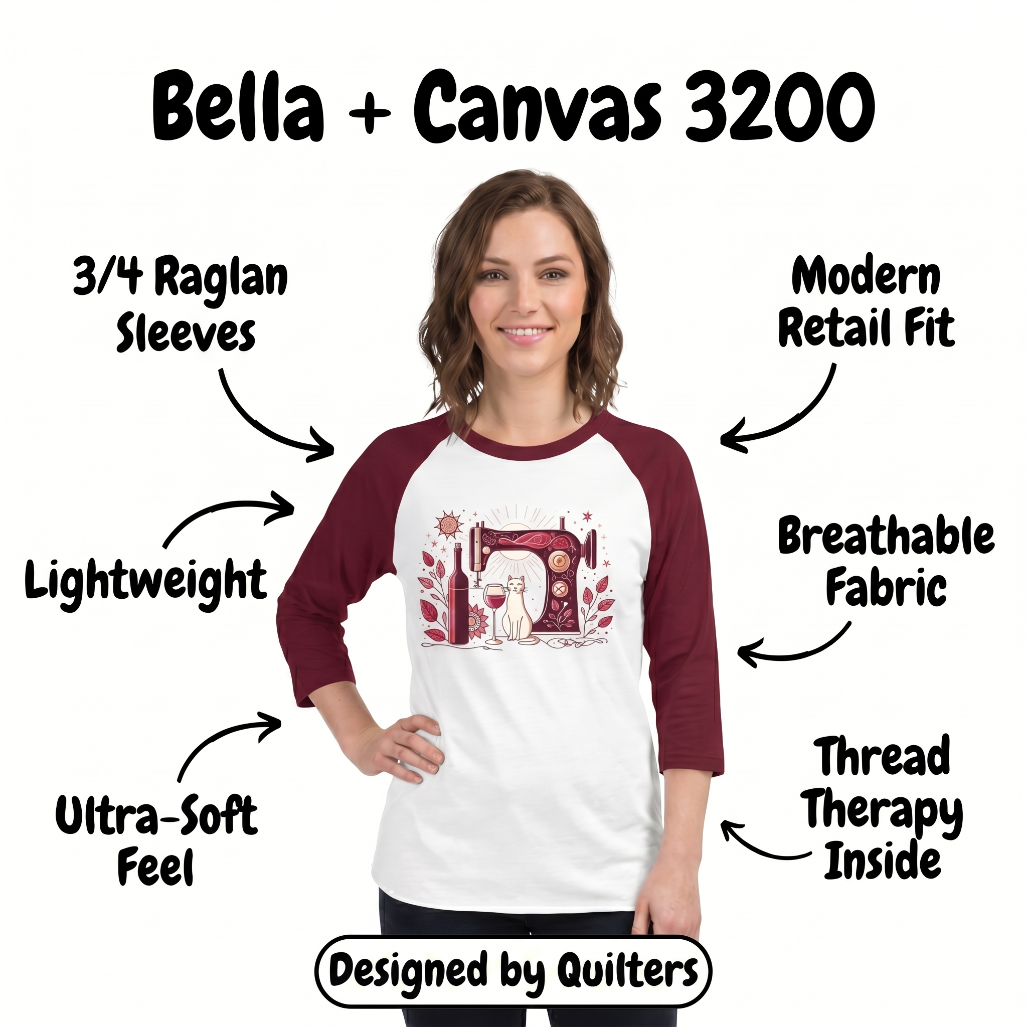 P-CHQ Bella + Canvas 3200 spec image on a woman model, garment matched to the real product