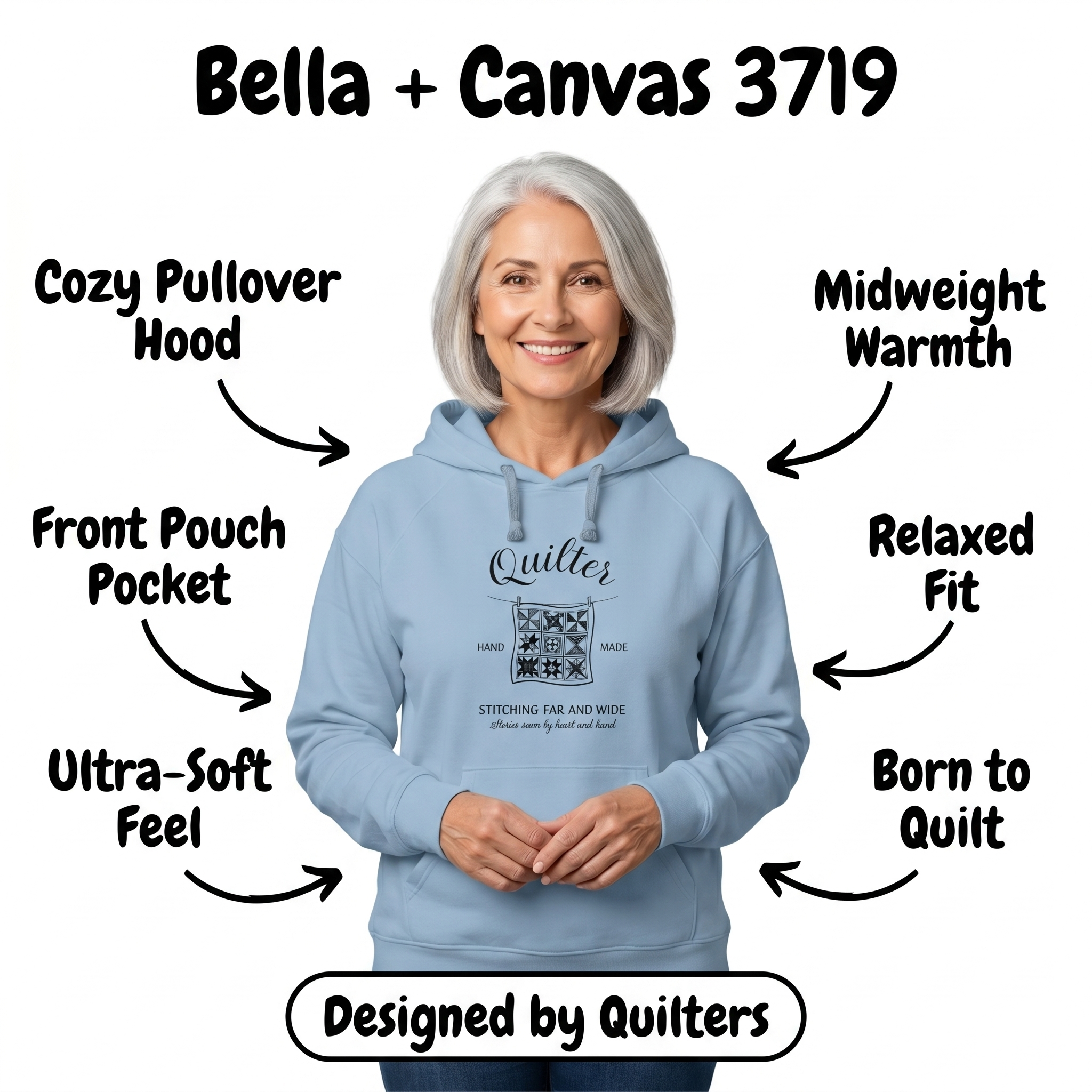 P-CHQ Bella + Canvas 3719 spec image on a woman model, garment matched to the real product