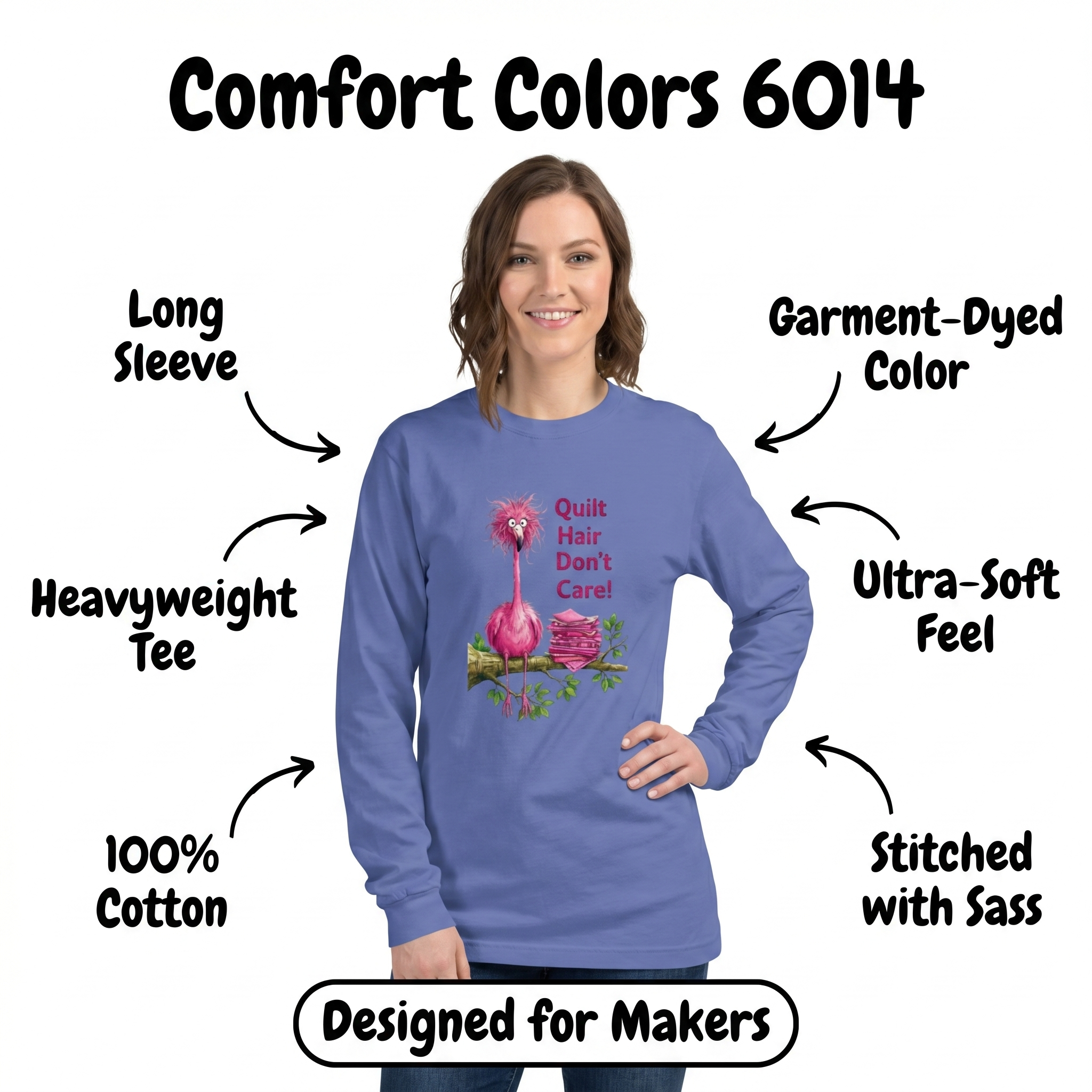 P-CHQ Comfort Colors 6014 spec image on a woman model, garment matched to the real product